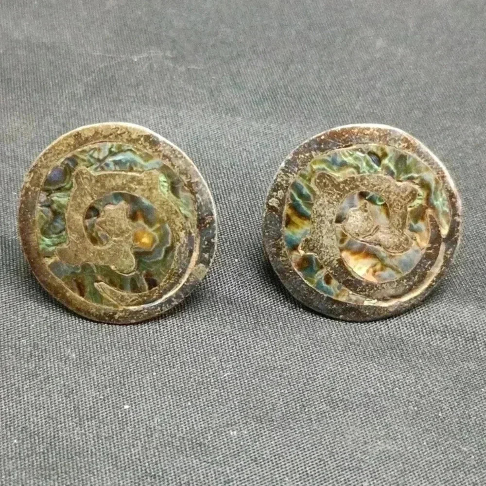 Vintage Taxco Mexico Sterling Silver Abalone Shell Screwback Earrings